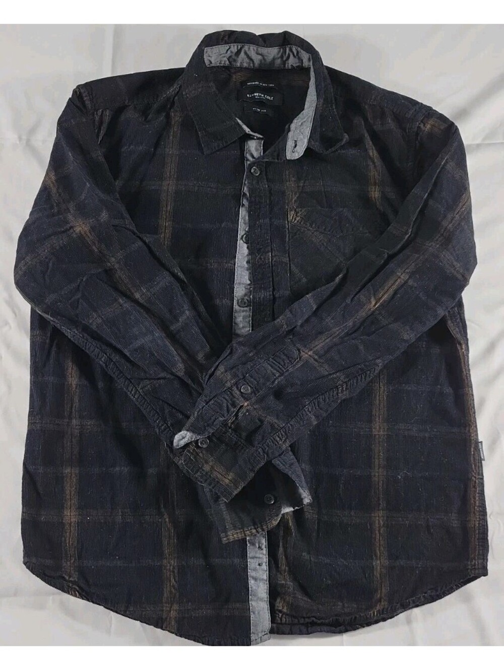 Kenneth Cole Shirt Men L Black Plaid Corduroy Slim Fit Western Cowboy Flannel